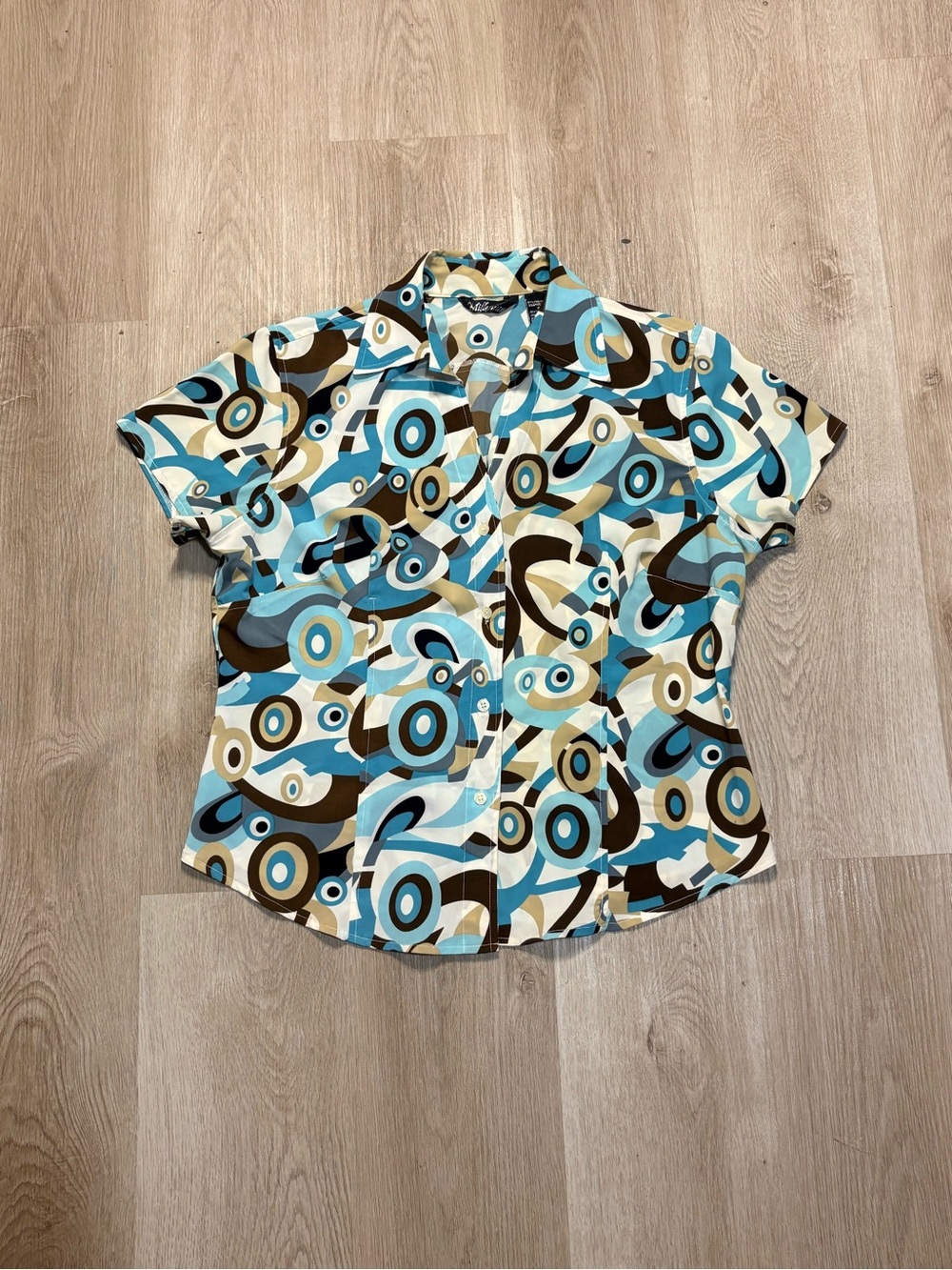 Millenium Teal & Brown Button Up Top Size XL Geometric Pattern Y2K Maximalist